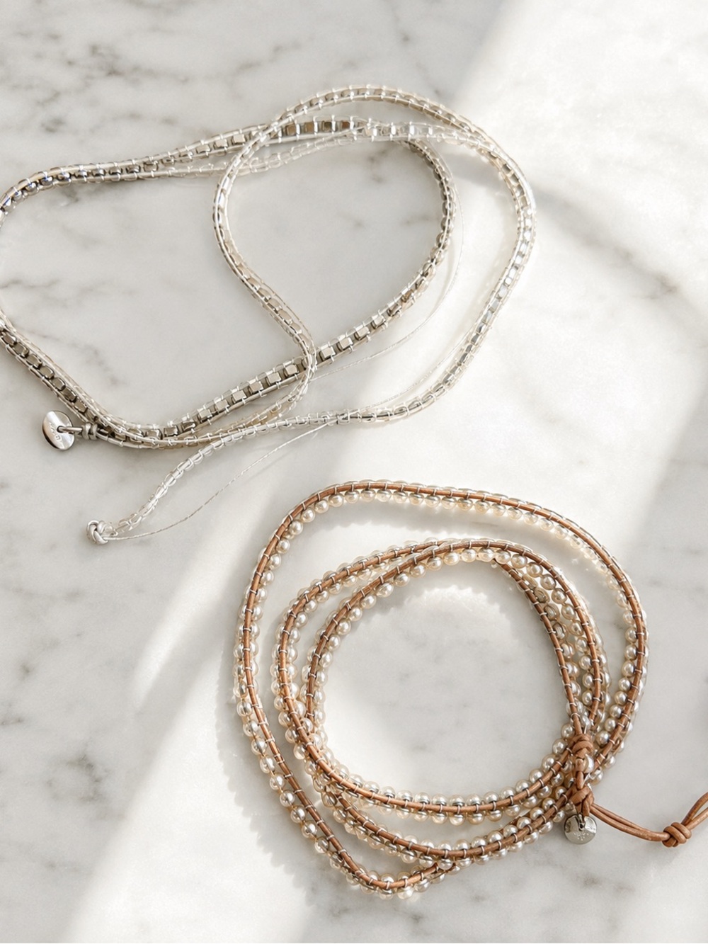 2 Victoria Emerson Silver and Tan Beaded Wrap Bracelets